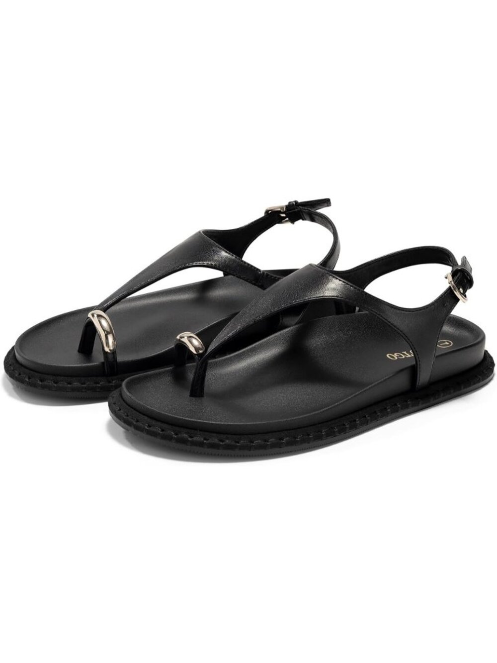 Women's Black Summer Comfortable T Strap Ring Toe Ankle Strap Beach Flat Sandals